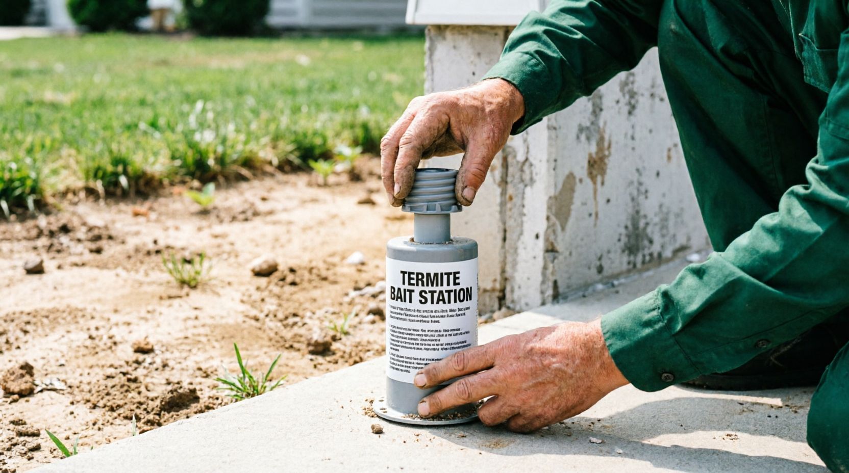Technician installing termite bait station